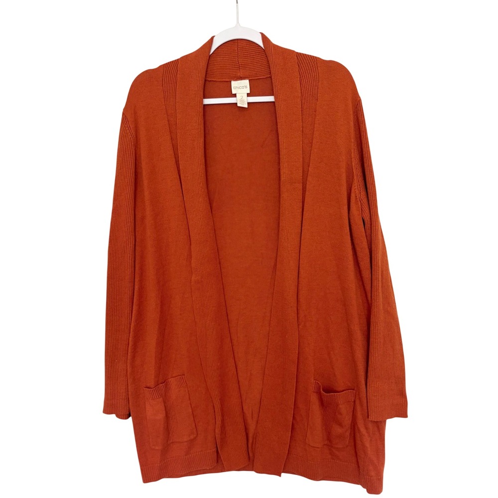 Chicos Silk Blend Open Front Duster Cardigan Sweater Size 2 L Orange Rust Cozy